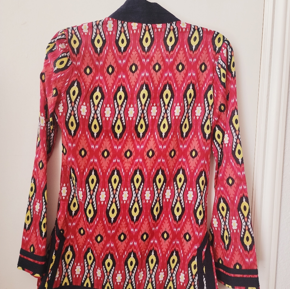 Tory Burch Ikat Long Sleeve Tunic Blouse Top Red Multi NWT Sz 0 - Picture 2 of 6